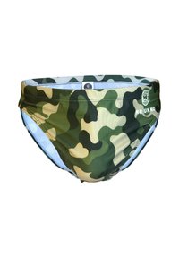 Tarnfärbige Bade-Briefs in Grüntönen und Beige mit einem hellblauen Futter; mit einem Markenlogo auf der Vorderseite.
