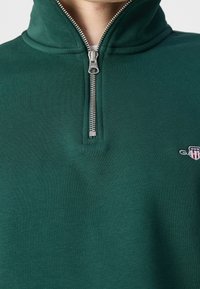 Zelený pulovr s vysokým límcem a stříbrným zipem. Obsahuje malé vyšívané logo na hrudi. Hladká pletená textura látky.