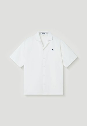 Witte korte mouwen overhemd met knopen en een ingezette kraag, met een klein marineblauw logo op de linkerborst.