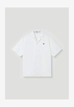 Witte korte mouwen overhemd met knopen en een ingezette kraag, met een klein marineblauw logo op de linkerborst.