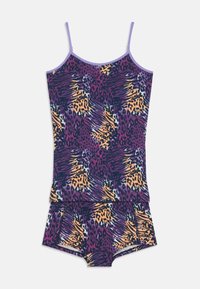 Maillot de bain violet avec un motif léopard et rayures de tigre en orange et bleu. Il dispose de bretelles fines et d'un bas assorti avec une taille froncée.