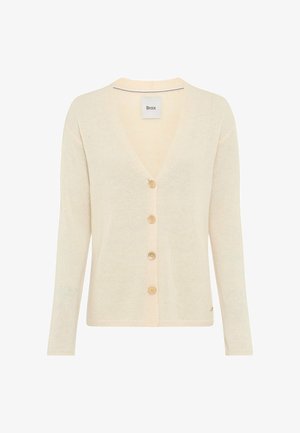 Cremefarvet V-hals cardigan med lange ærmer og fire matchende knapper foran, lavet af blødt strikstof.