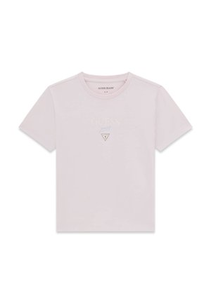 Svijetloružičasta majica kratkih rukava s logotipom "GUESS jeans" i malim trokutastim grbom u sredini prsa.