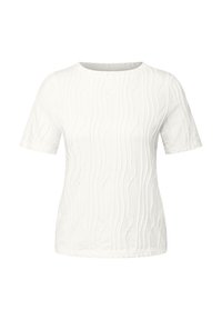 Hvid kortærmet t-shirt med et tekstureret bølgemønster, rund hals og en glat overflade. Fremstillet af letvægtsstof.