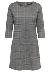 Robe à carreaux grise avec des manches trois-quarts, un col rond et un ourlet droit. Le motif présente des lignes fines et épaisses en noir et beige.