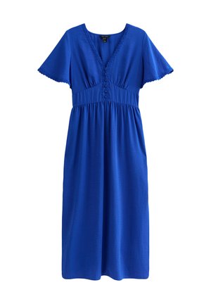 Vestido azul con mangas cortas, escote en V y botones decorativos. Hecho de una tela suave, cuenta con un corpiño ajustado y una falda fluida.
