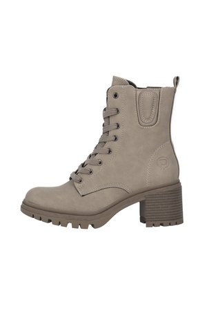 Bottines grises en cuir lisse avec un design à lacets, un talon robuste et une semelle texturée pour une meilleure adhérence. Comprend une languette de tirage.