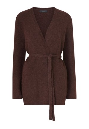 Cardigan marrone avvolgente realizzato in morbido tessuto testurizzato con maniche lunghe e una cintura in vita. Presenta un profondo scollo a V e una silhouette dritta.