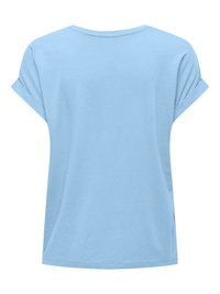 T-shirt uni bleu clair à manches courtes avec revers, col rond, vu de dos sur fond blanc.