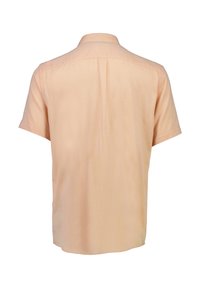 Camicia a maniche corte in tessuto pesca chiaro, con colletto, piega sul retro e orlo dritto, dal texture morbido.