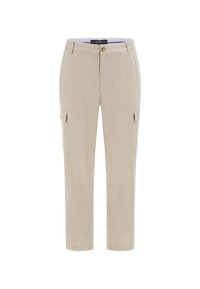 Beige cargobroek met een rechte pijp, gemaakt van lichte stof. Voorzien van zijzakken en een knoopsluiting. Contrasterende gestreepte tailleband.