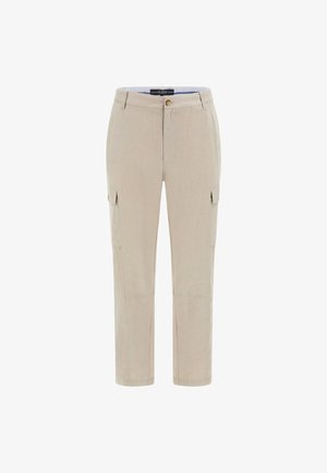 Beiga cargobyxor med rak ben, tillverkade av lättviktigt tyg. Har sidofickor och knappstängning. Kontrasterande randig midja.