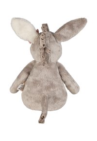 Plush stuffed animal featuring soft gray fur, large ears, and a textured back. Notable details include a stitched tail and fabric tag.