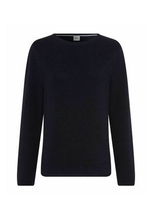 Navy blue ribbed knit sweater with a round neckline and long sleeves. Soft texture and relaxed fit. No visible hardware or patterns.
