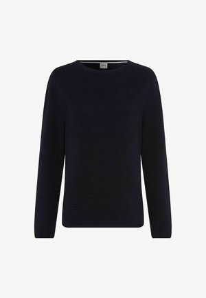Marineblaues geripptes Strickoberteil mit rundem Ausschnitt und langen Ärmeln. Weiche Textur und lockere Passform. Keine sichtbaren Beschläge oder Muster.
