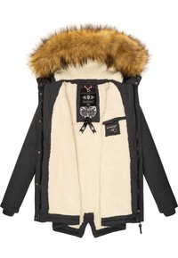 Black parka with a removable faux fur hood in brown. Lined with cream fleece, features inner pockets and decorative labels. Smooth exterior.