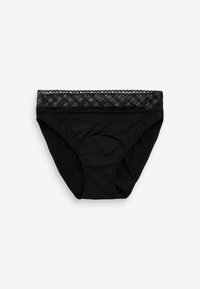 Culottes en coton pour femmes noires avec une large ceinture en dentelle présentant un motif géométrique, vue à plat sur fond blanc.