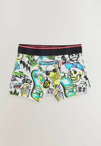 Boxer in grigio per ragazzi con stampa grafica multicolore che presenta teschi ed elementi cartoon. Vita nera con dettagli rossi.