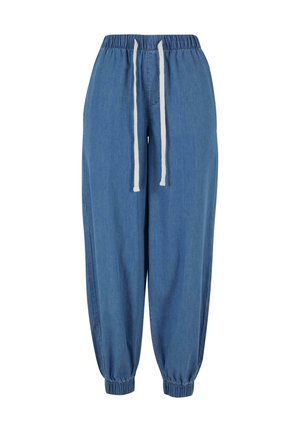 Plave traperice jogger hlače s elastičnim pojasom i manžetama, s bijelim vezicama u struku.