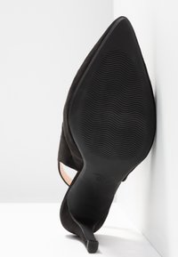 Chaussure à talon haut noire à bout pointu, vue par la semelle avec une semelle texturée antidérapante et un talon aiguille fin, sur fond blanc.