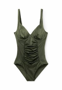 Maillot de bain une pièce vert olive avec bonnets rembourrés, détails froncés à l'avant et bretelles réglables. Fabriqué à partir d'un tissu lisse et extensible.