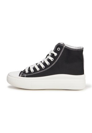 Black canvas high-top sneaker with white rubber sole and stitching, featuring six eyelets and laces, smooth texture, and round toe design.