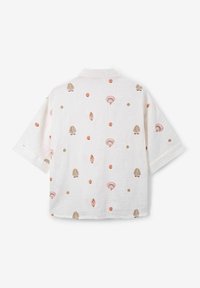 White short-sleeve shirt with colorful shell and dot embroidery patterns. Lightweight, breathable fabric with a relaxed fit and soft texture.