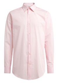 Helles rosa Langarmhemd aus glattem Baumwollstoff, mit spitzem Kragen und einer Knopfleiste mit sechs Perlmuttknöpfen.