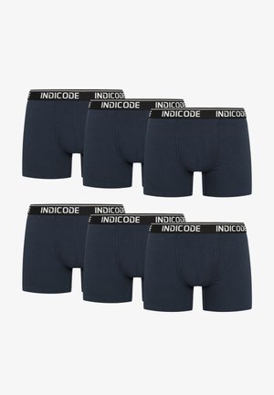 Set van zes marineblauwe boxershort gemaakt van katoen, met een zwarte tailleband waarop de merknaam "INDICODE" in witte letters is geschreven.