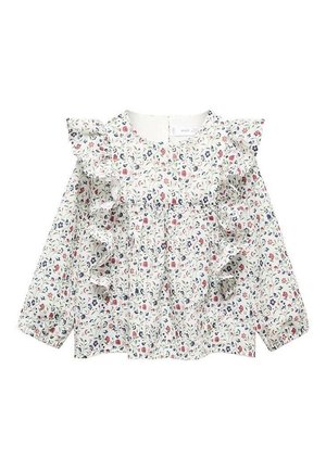Biała bluzka z długim rękawem z czerwono-niebieskim drobnym floralnym wzorem, ozdobiona falbanami na przodzie i na ramionach.
