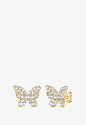 Auksiniai drugelio auskarai, papuošti skaidriais kristalais, su subtiliu sparno dizainu ir saugiu fiksavimu.