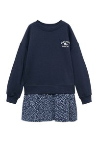 Marinblå sweattröja med fäst skir med blommönster, med rund halsringning, ribbade ärmslut och vit text "BLOOMING BRIGHT".