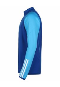 Blauw sportshirt met lange mouwen en een hoge kraag. Bevat lichtblauwe accenten en drie witte strepen op de mouw.