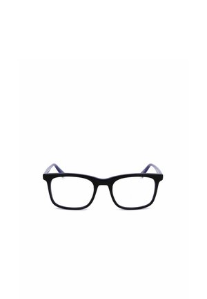 Occhiali rettangolari neri con lenti trasparenti appoggiati su una superficie bianca contro uno sfondo bianco.