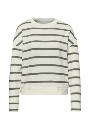 Witte trui met lange mouwen met horizontale grijze strepen en een ronde hals, met een licht gestructureerde stof en een geribbelde zoom.