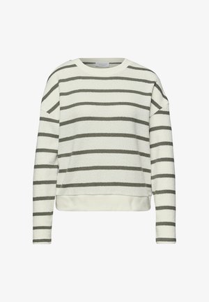 Witte trui met lange mouwen met horizontale grijze strepen en een ronde hals, met een licht gestructureerde stof en een geribbelde zoom.