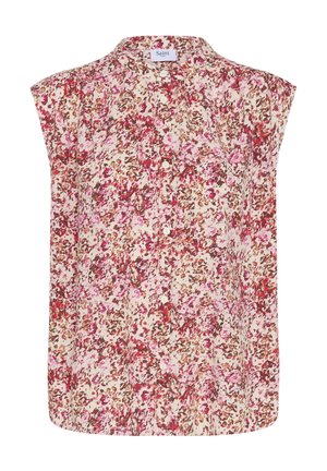 Mouwloze blouse met een abstracte bloemenprint in roze, rood en bruin, knoopsluiting aan de voorkant en een ronde kraag.