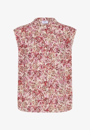 Mouwloze blouse met een abstracte bloemenprint in roze, rood en bruin, knoopsluiting aan de voorkant en een ronde kraag.