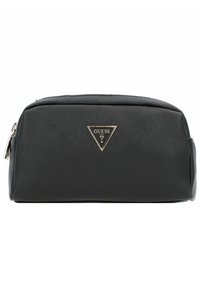 Borsa cosmetica nera con finitura testurizzata, placca a forma triangolare in tonalità oro e chiusura con zip; forma rettangolare compatta.