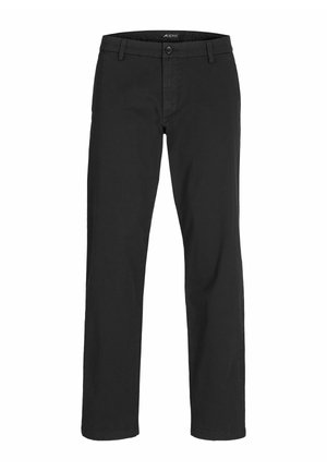 Pantalones de algodón negros de corte recto, con cierre de botón, pasadores para cinturón y dos bolsillos laterales. Textura suave, sin patrones.