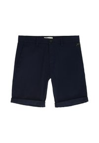 Shorts bleu marine en tissu léger, avec ourlets roulés, fermeture à bouton et poches latérales, arborant un subtil logo sur la ceinture.