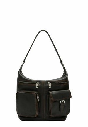 Black leather handbag with a single shoulder strap, two front zippered pockets, and one side pocket featuring a belt buckle accent.