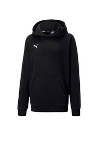 Sudadera negra con capucha, bolsillo frontal tipo canguro y logo blanco de Puma en el pecho, manga larga y puños acanalados.