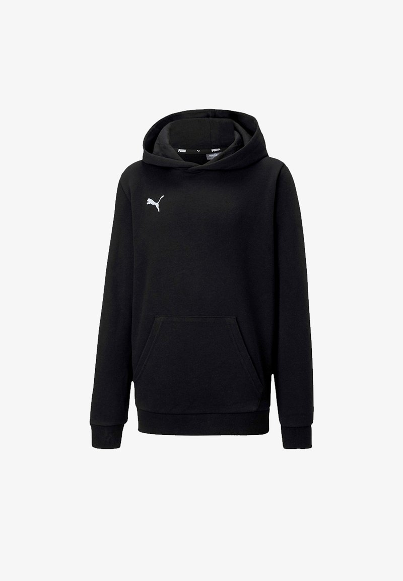 Sudadera negra con capucha, bolsillo frontal tipo canguro y logo blanco de Puma en el pecho, manga larga y puños acanalados.