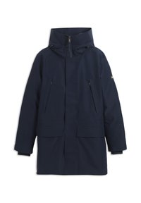 Navyblauwe waterdichte parka met een hoge kraag, ritssluiting, twee voorkeockets en elastische manchetten. Gladde textuur van de stof met minimale accenten.