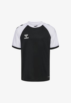 Svartvit atletisk t-shirt med korta raglanärmar, tillverkad av andningsbart tyg. Har "hummel"-logotypen på framsidan.