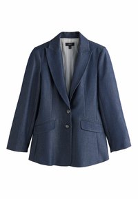 Dunkelblaues Denim-Blazer mit Reverskragen, zwei Fronttaschen, zwei Knöpfen und einer strukturierten Oberfläche. Gefüttert mit einem hellen, gestreiften Innenfutter.