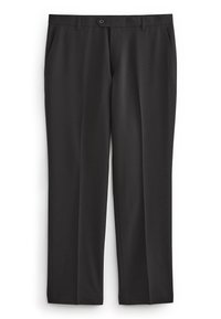 Mustat housut, jotka on valmistettu sileästä kankaasta. Ominaisuuksiin kuuluu tasainen etuosa, kaksi sivutaskua ja yksittäinen nappikiinnitys vyötäröllä.