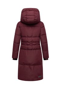 Long maroon quilted winter coat with hood, padded sections, and a small rectangular logo patch near the bottom hem on the back.