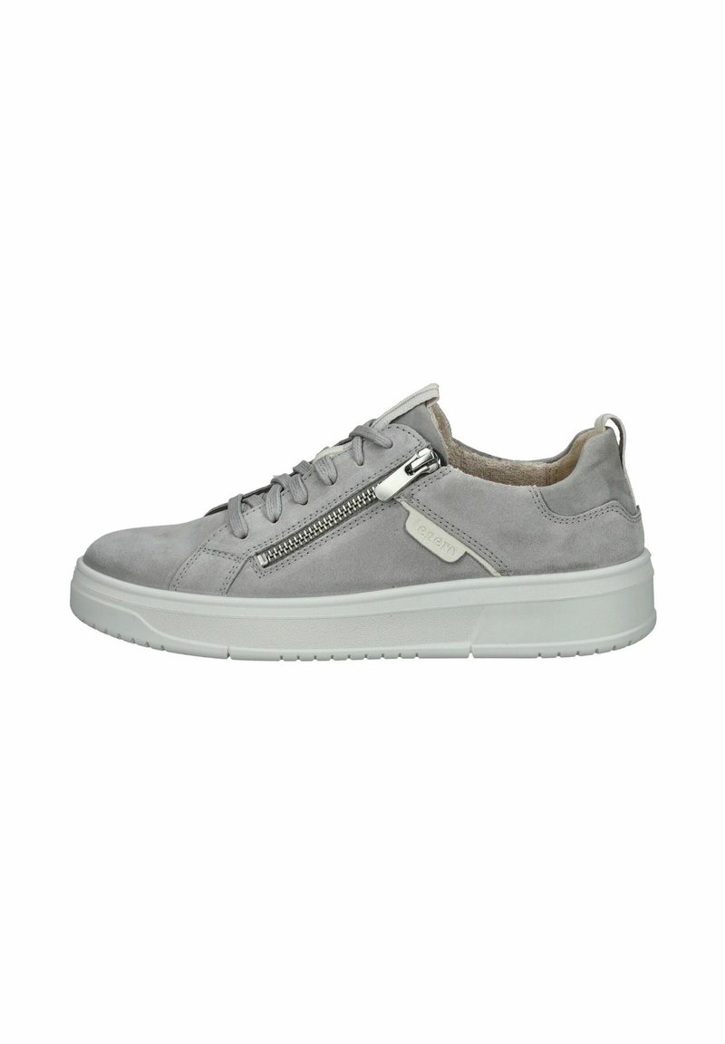 Sneaker in suede grigio con suola in gomma bianca, dotati di lacci e zip laterale. Texture liscia con design minimalista.